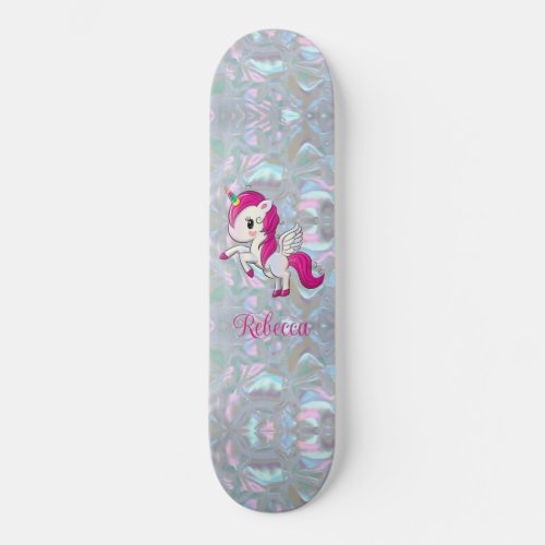 Custom Girly Sparkly Faux Mother of Pearl Unicorn Skateboard