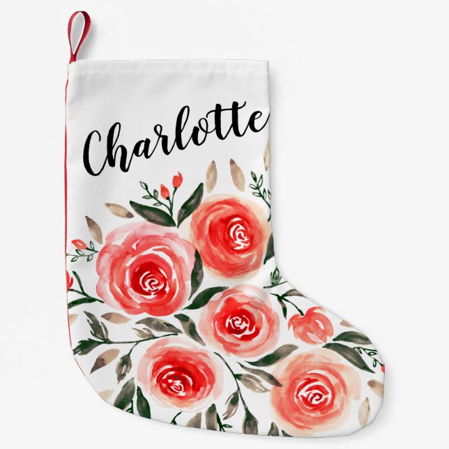 Custom Girly Watercolor Pink Roses Small Christmas Stocking (Front)