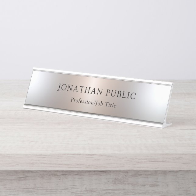 Custom Glamorous Faux Silver Simple Template Desk Name Plate (Front)