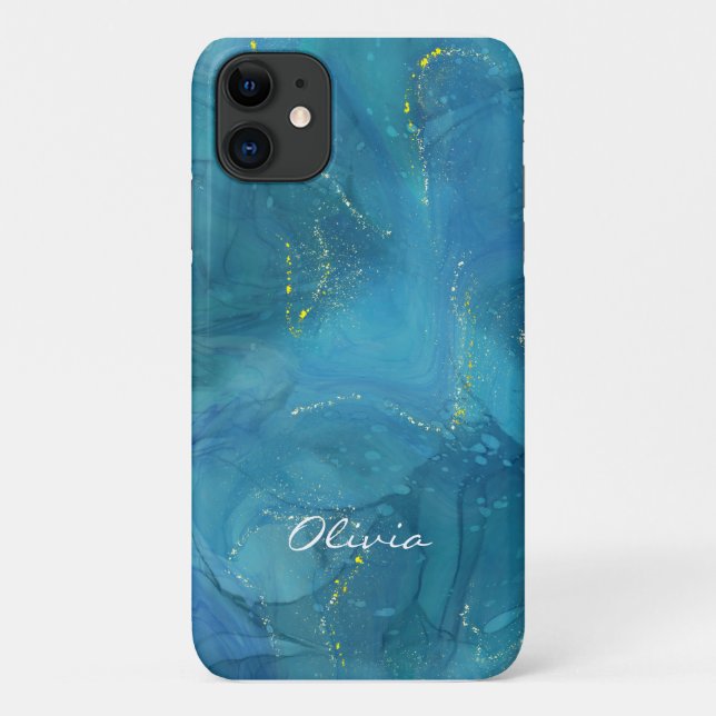 Custom Glamorous Gold Sparkle Blue Marble Case-Mate iPhone Case (Back)