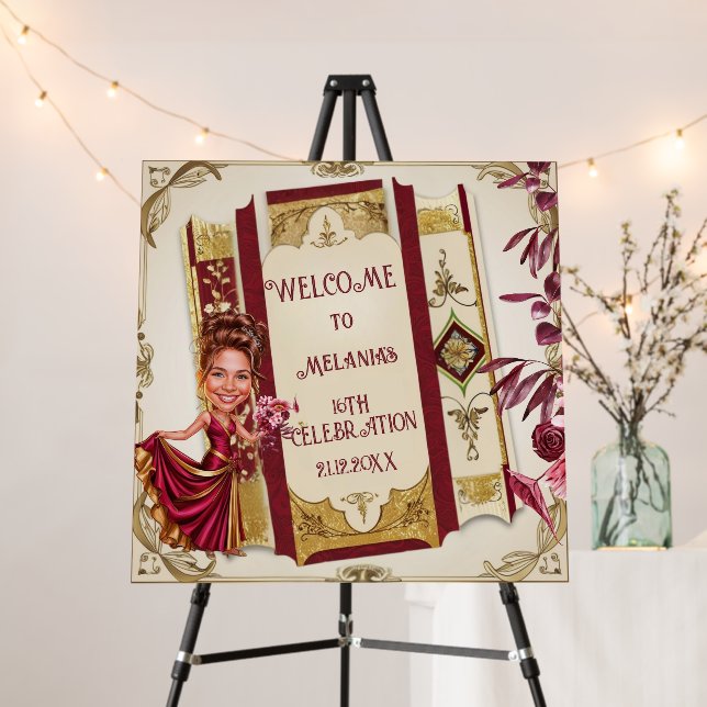 Custom Glamorous Ruby Red and Gold Sweet 16  Foam Board (In Situ (Stand))