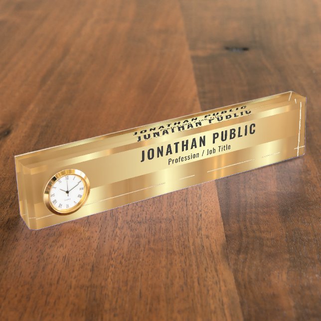 Custom Glamorous Stylish Template Luxe Gold Clock Desk Name Plate (Side)
