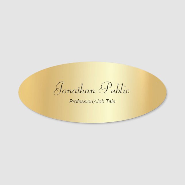 Custom Glamour Gold Hand Script Elegant Oval Name Tag (Front)