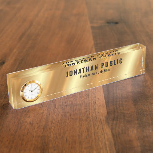 Custom Glamour Stylish Template Luxury Gold Clock Desk Name Plate