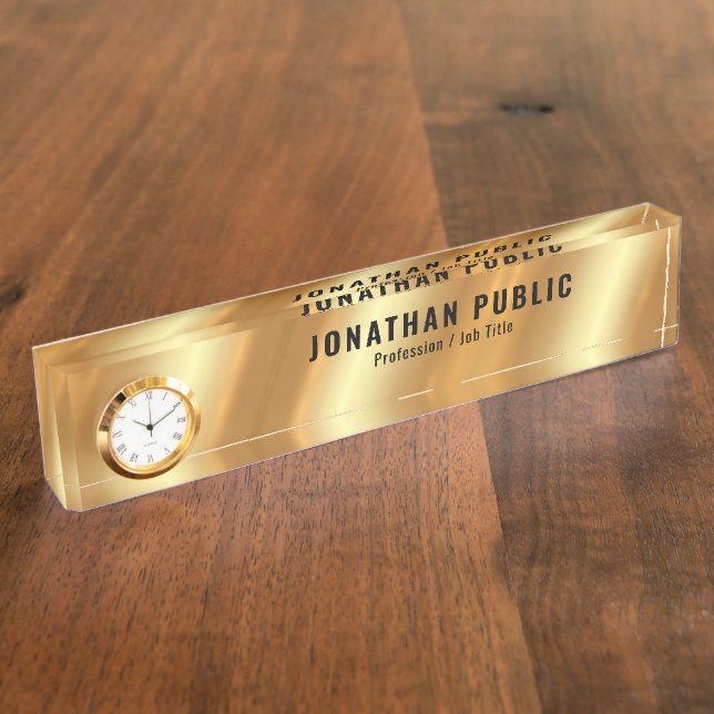Custom Glamour Stylish Template Luxury Gold Clock Desk Name Plate (Side)