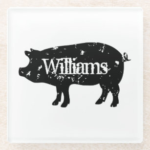 Custom glass coaster with vintage pig silhouette