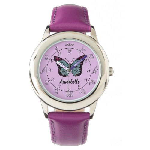Custom Glitter Butterfly Purple Learn To Tell Time Watch
