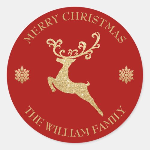 Custom Glitter Gold Reindeer Merry Christmas Classic Round Sticker