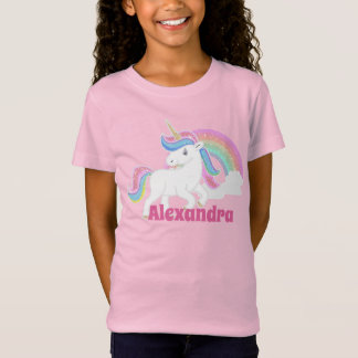 Custom Glitter Rainbow and Unicorn with Name Pink T-Shirt