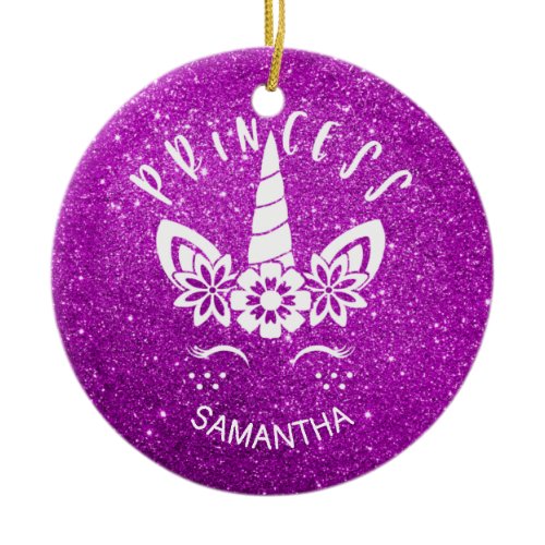 Custom Glitter Unicorn Princess Holiday Christmas  Ceramic Ornament
