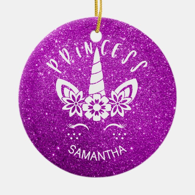 Custom Glitter Unicorn Princess Holiday Christmas  Ceramic Ornament (Front)