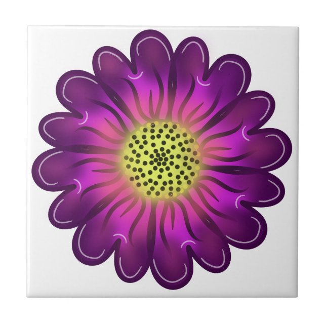 Custom Glowing Neon Purple & Pink Dahlia Flower Ceramic Tile (Front)