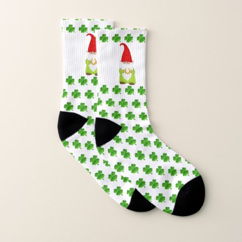 Custom Gnome  Four_Leaf Clover Pattern on White Socks