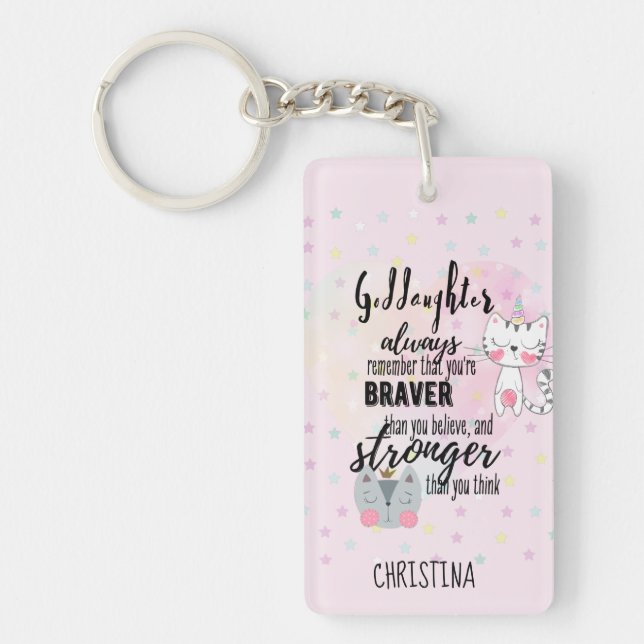 Custom GODDAUGHTER Motivational Quote Cats Pink Keychain (Front)