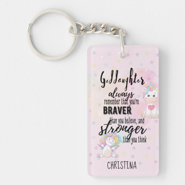 Custom GODDAUGHTER Motivational Quote Pink Unicorn Keychain (Front)