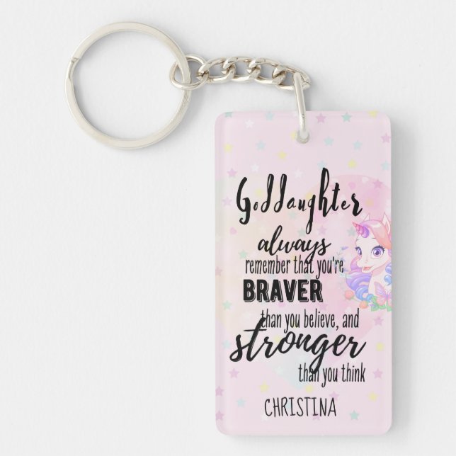 Custom GODDAUGHTER Motivational Quote Pink Unicorn Keychain (Front)