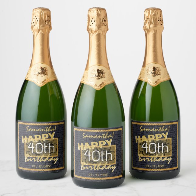 Custom Gold 40th Birthday Name Black Floral  Sparkling Wine Label (Bottles)