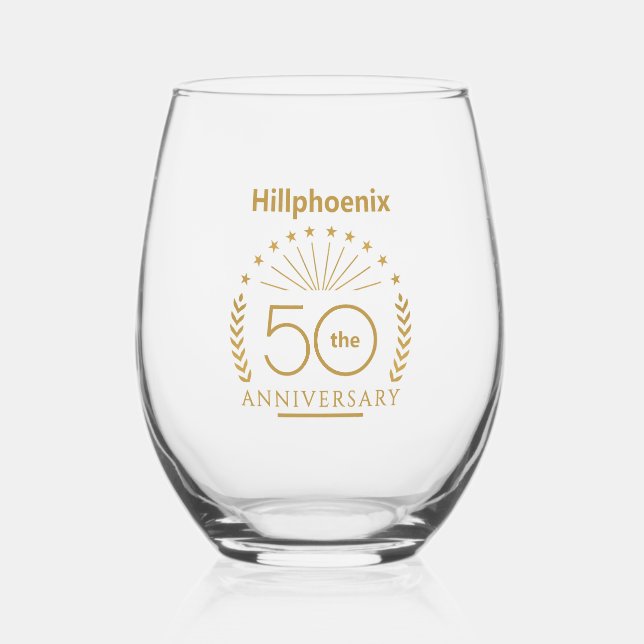 Custom Gold 50th Wedding Anniversary Typography Stemless Wine Glass (Front)