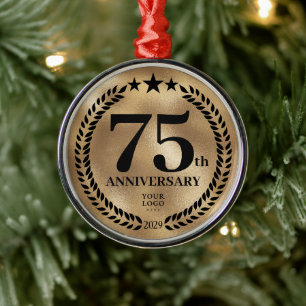 Custom Gold 75th Business Anniversary Christmas Metal Ornament