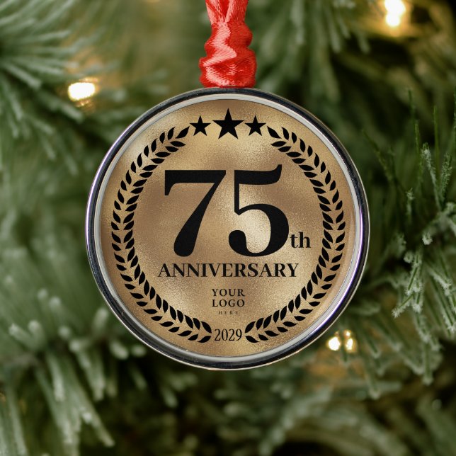 Custom Gold 75th Business Anniversary Christmas Metal Ornament (Tree)