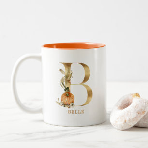 Custom Gold Alphabet B Monogram Floral Pumpkin Two-Tone Coffee Mug
