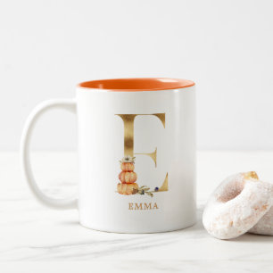 Custom Gold Alphabet E Monogram Floral Pumpkin Two-Tone Coffee Mug