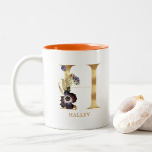 Custom Gold Alphabet H Monogram Autumn Floral Two-Tone Coffee Mug