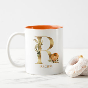 Custom Gold Alphabet R Monogram Floral Pumpkin Two-Tone Coffee Mug