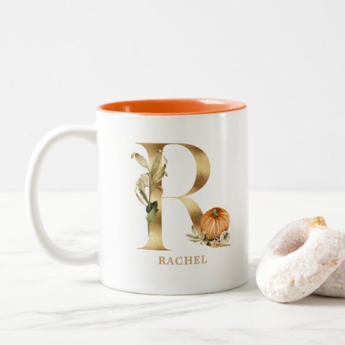 Custom Gold Alphabet R Monogram  Floral Pumpkin Two_Tone Coffee Mug