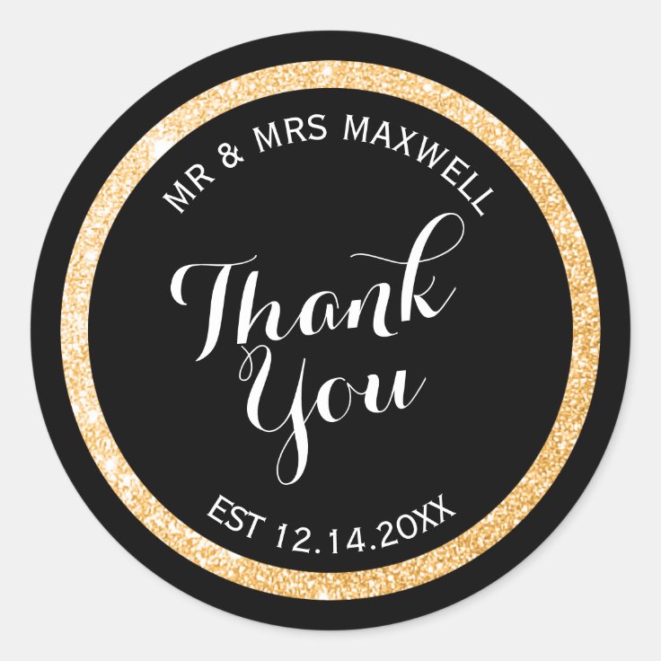 Custom Gold and Black Glitter Thank You Classic Round Sticker Zazzle