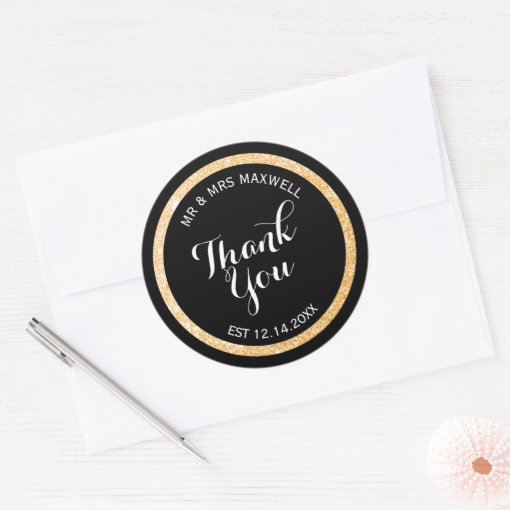 Custom Gold and Black Glitter Thank You Classic Round Sticker Zazzle