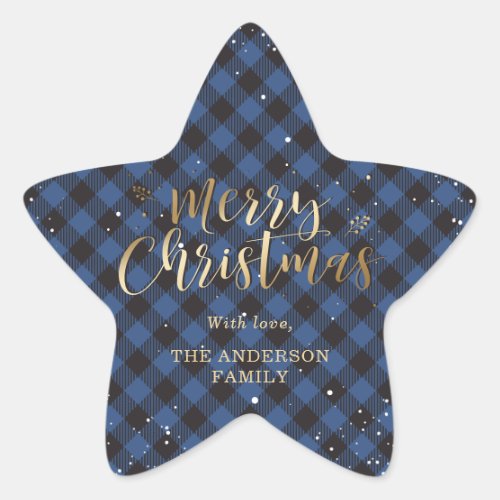Custom Gold and Blue Buffalo Plaid Merry Christmas Star Sticker