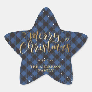 Custom Gold and Blue Buffalo Plaid Merry Christmas Star Sticker