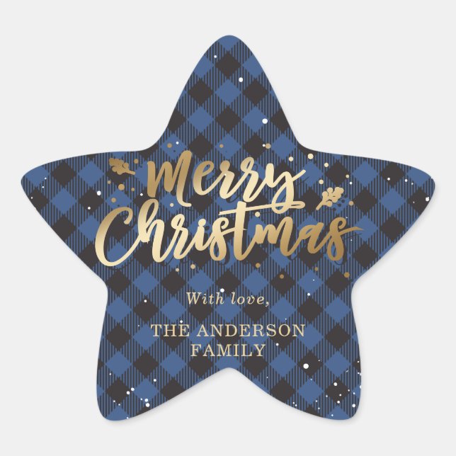 Custom Gold and Blue Buffalo Plaid Merry Christmas Star Sticker (Front)