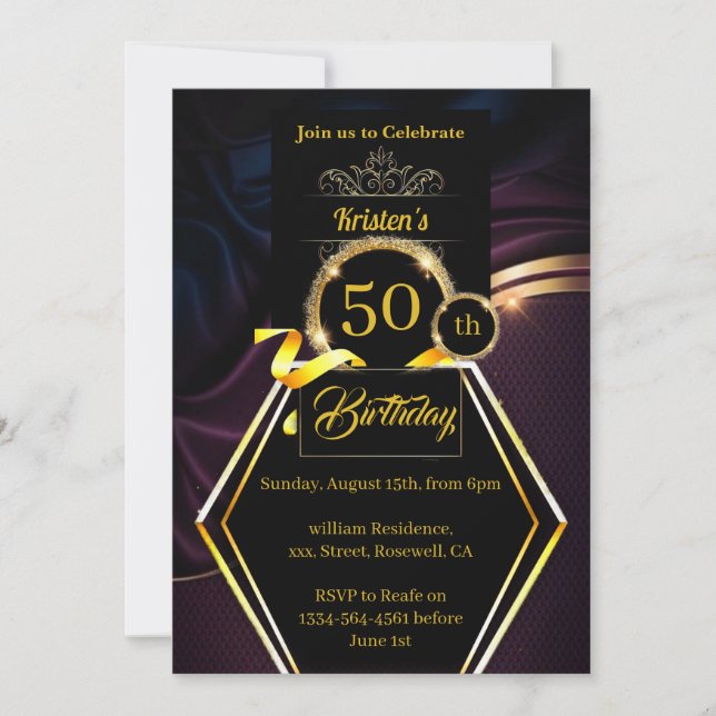 Custom Gold and Purple Birthday Invitation (Front)