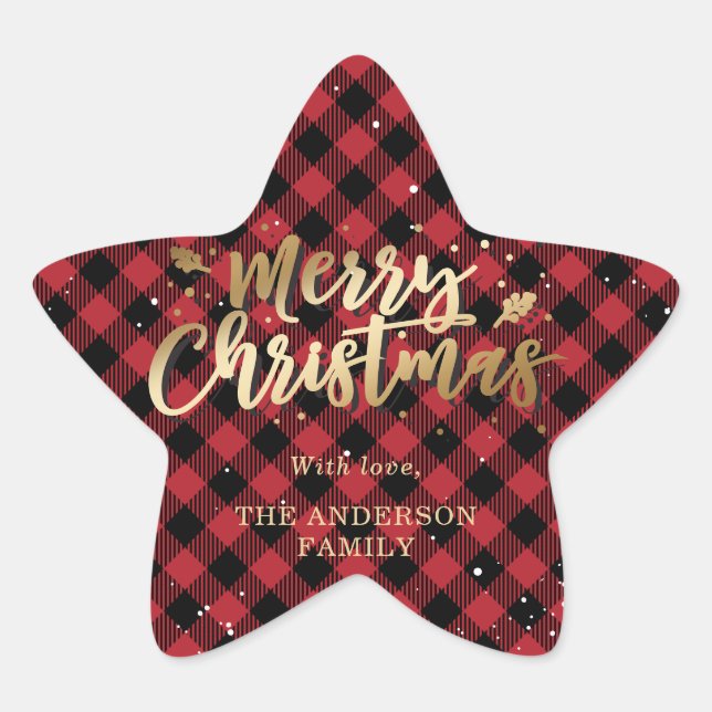 Custom Gold and Red Buffalo Plaid Merry Christmas Star Sticker (Front)