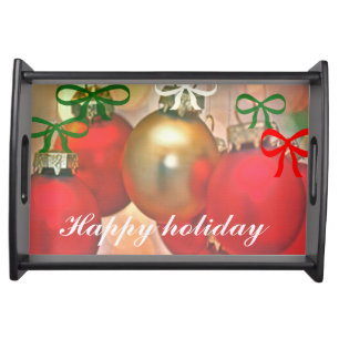 Custom gold and red christmas balls and bow serving tray