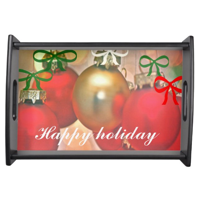 Custom gold and red christmas balls and bow serving tray (Front)