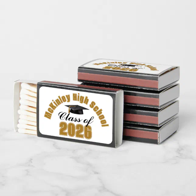 Custom Gold Black Class of 2026 Graduation Party Matchboxes | Zazzle