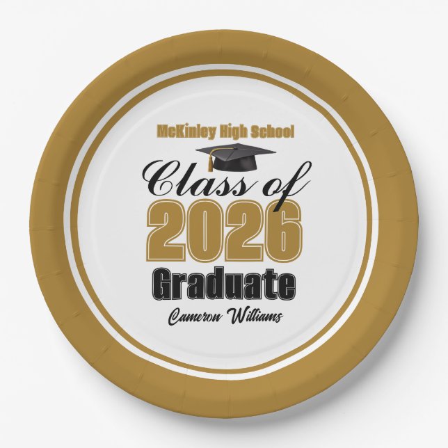 Custom Gold Black Class of 2026 Graduation Party Paper Plates (Front)