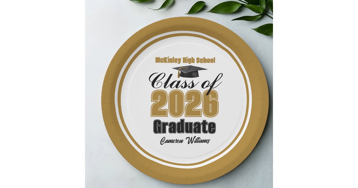 Custom Gold Black Class of 2026 Graduation Party Paper Plates | Zazzle