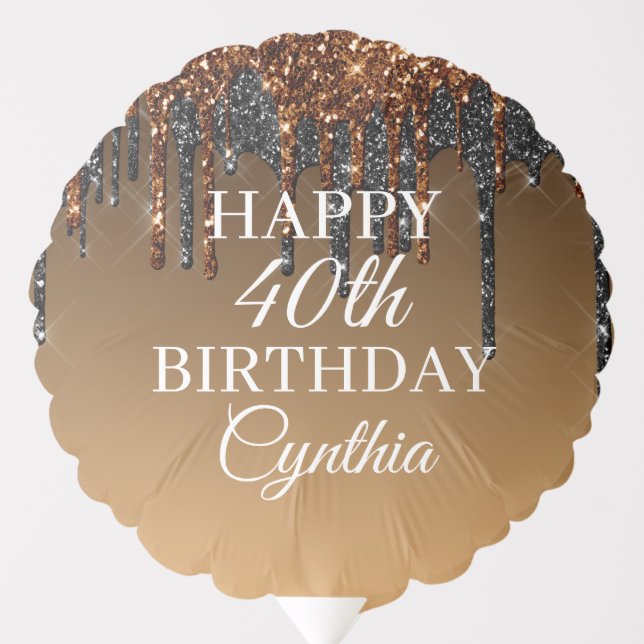 Custom Gold Black Glitter Drip Happy Birthday Balloon (Front)