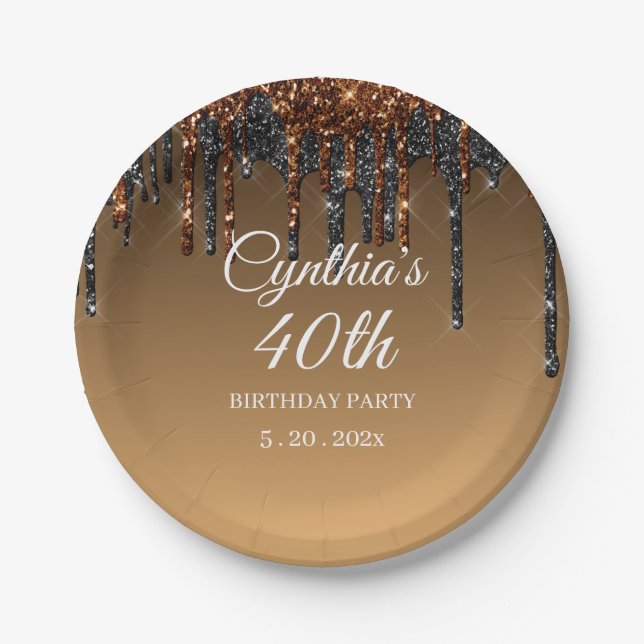 Custom Gold & Black Glitter Drip Happy Birthday Paper Plates (Front)