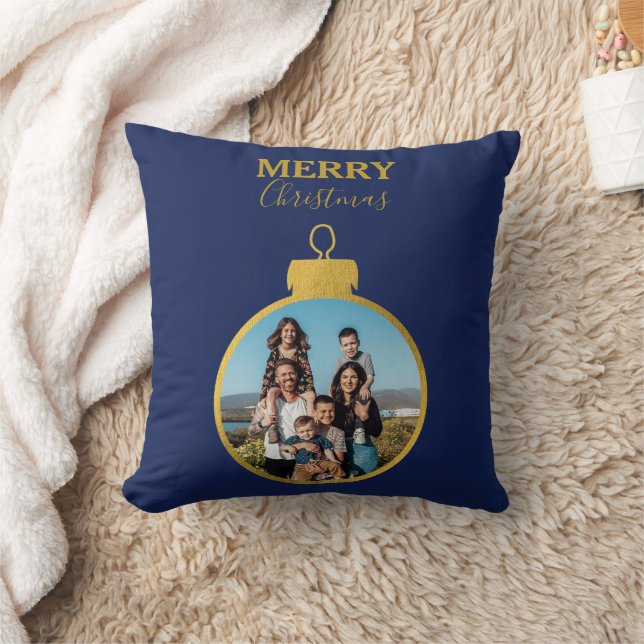 Custom Gold Blue 2 Photo Ornaments Christmas Throw Pillow (Blanket)