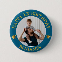  Custom Gold Blue Happy Birthday Photo and Age