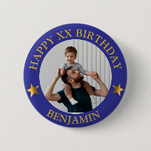  Custom Gold Blue Happy Birthday Photo and Age