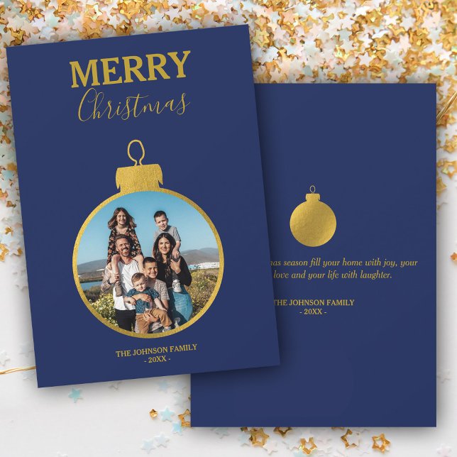 Custom Gold Blue Photo Ornaments Christmas Holiday Card (Custom Gold Blue Photo Ornaments Christmas Holiday Card)