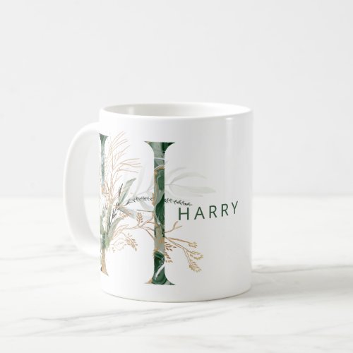 Custom Gold Botanical Eucalyptus Monogram H Coffee Mug