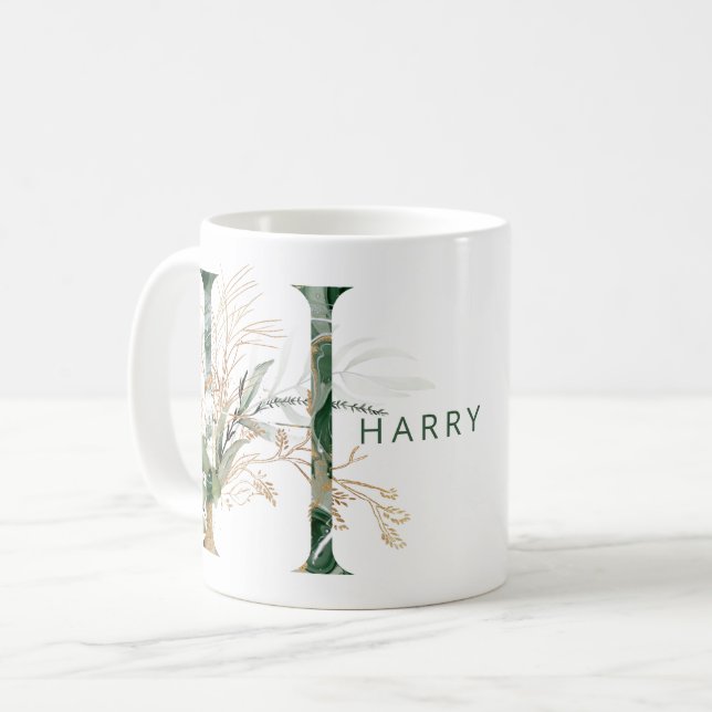 Custom Gold Botanical Eucalyptus Monogram "H" Coffee Mug (Front Left)