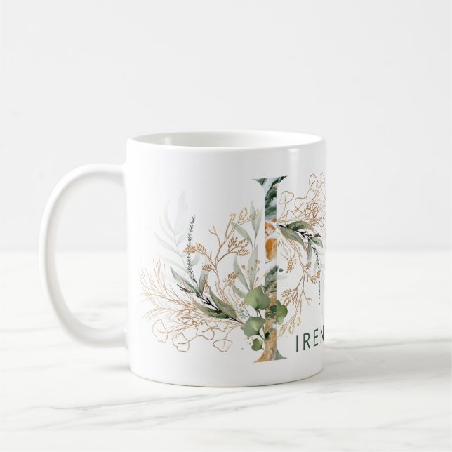 Custom Gold Botanical Eucalyptus Monogram "I" Coffee Mug (Left)